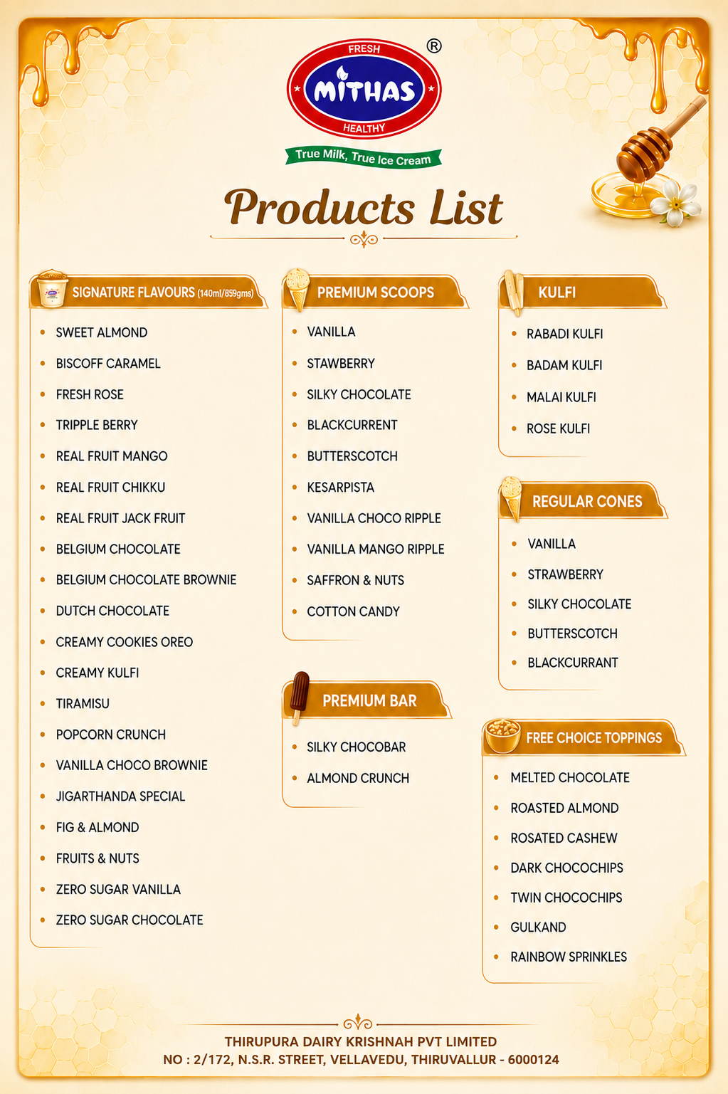 Mithas Franchise Outlet Product List - Signature Flavours, Premium Scoops, Kulfi, Cones, Premium Bar and Free Choice Toppings
